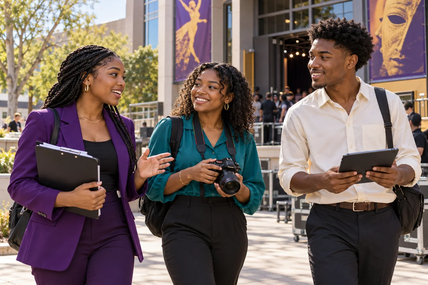College-age interns preparing for an on-location media assignment