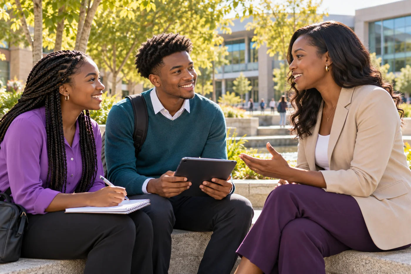 College-age interns having a mentoring conversation outdoors