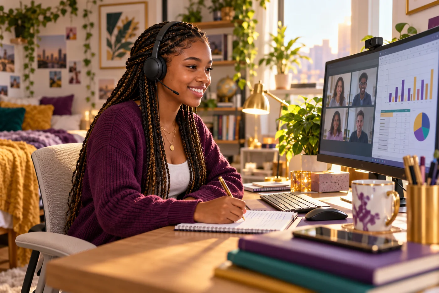 College-age intern learning remote communication and data skills